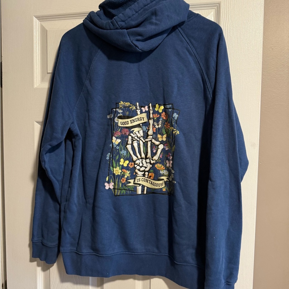 🩷Blue Hoodie with Skeleton and Floral Design